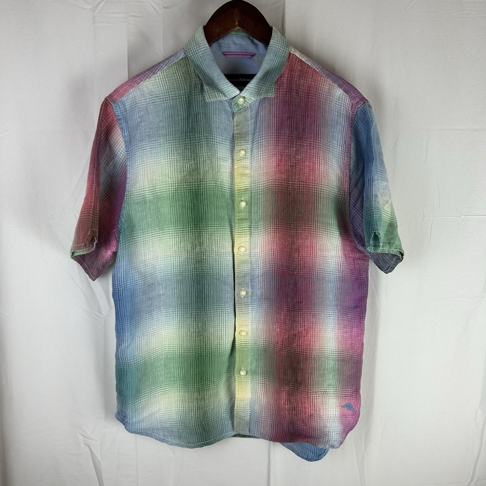Tommy Bahama Shirt Mens 100% Linen Button Up Medium Multicolor Check Short Sleev